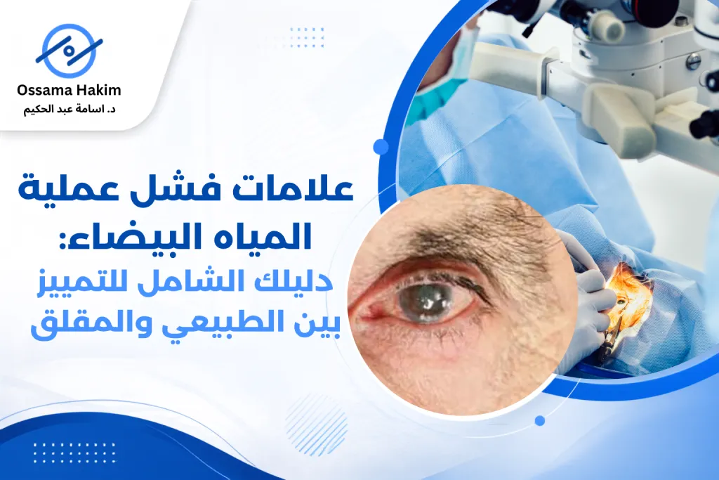 رسم توضيحي يوضح علامات فشل عملية المياه البيضاء مثل عدم وضوح الرؤية واحمرار العين