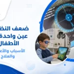 صورة لطفل صغير يجلس عند طبيب عيون وهو يخضع لفحص النظر باستخدام جهاز حديث، مع وجود والدته بجانبه، وتعبر الصورة عن أهمية الكشف المبكر عن ضعف النظر في عين واحدة عند الأطفال.