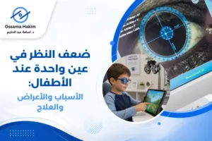 صورة لطفل صغير يجلس عند طبيب عيون وهو يخضع لفحص النظر باستخدام جهاز حديث، مع وجود والدته بجانبه، وتعبر الصورة عن أهمية الكشف المبكر عن ضعف النظر في عين واحدة عند الأطفال.