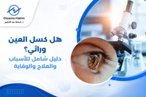 صورة طبيب عيون أطفال يجري فحصاً لعين طفل باستخدام منظار العين، مع وجود أم بجانبهما، للتأكيد على أهمية الكشف المبكر عن كسل العين.
