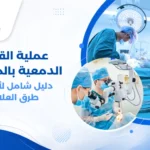 طبيب عيون يجري عملية القناة الدمعية بالمنظار باستخدام جهاز دقيق، مع شاشة عرض توضح مسار القناة الدمعية الداخلية أثناء الجراحة.