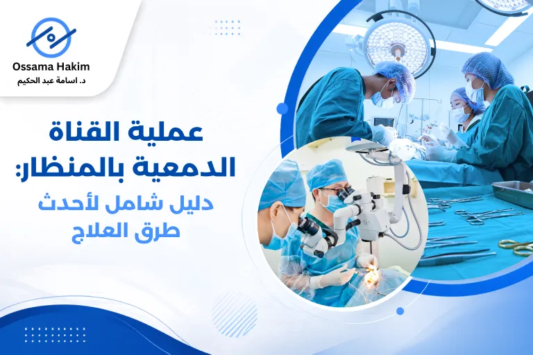 طبيب عيون يجري عملية القناة الدمعية بالمنظار باستخدام جهاز دقيق، مع شاشة عرض توضح مسار القناة الدمعية الداخلية أثناء الجراحة.