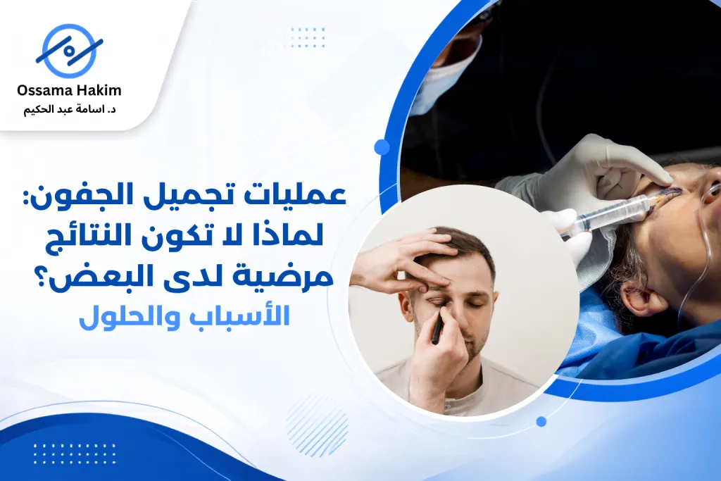 جراح تجميل يشرح لامرأة نتائج عمليات تجميل الجفون قبل وبعد الجراحة باستخدام نموذج توضيحي للوجه.