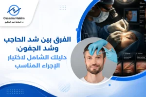 رسم توضيحي يوضح الفرق بين شد الحاجب وشد الجفون، مع إظهار موقع الحاجب الطبيعي مقابل الحاجب الهابط، وتأثير كل منهما على مظهر الجفن العلوي.