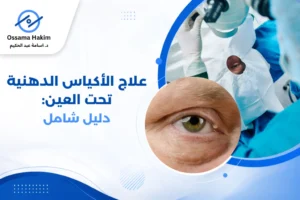 طبيب عيون متخصص يفحص انتفاخ الجفن السفلي وعلاج الأكياس الدهنية تحت العين لدى مريض في عيادة طبية