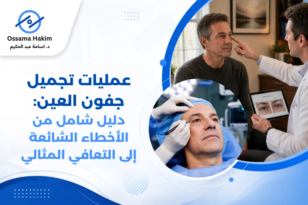 صورة توضيحية لنتائج عمليات تجميل جفون العين قبل وبعد، مع عرض للمراحل الطبيعية للتعافي وإرشادات ما بعد الجراحة