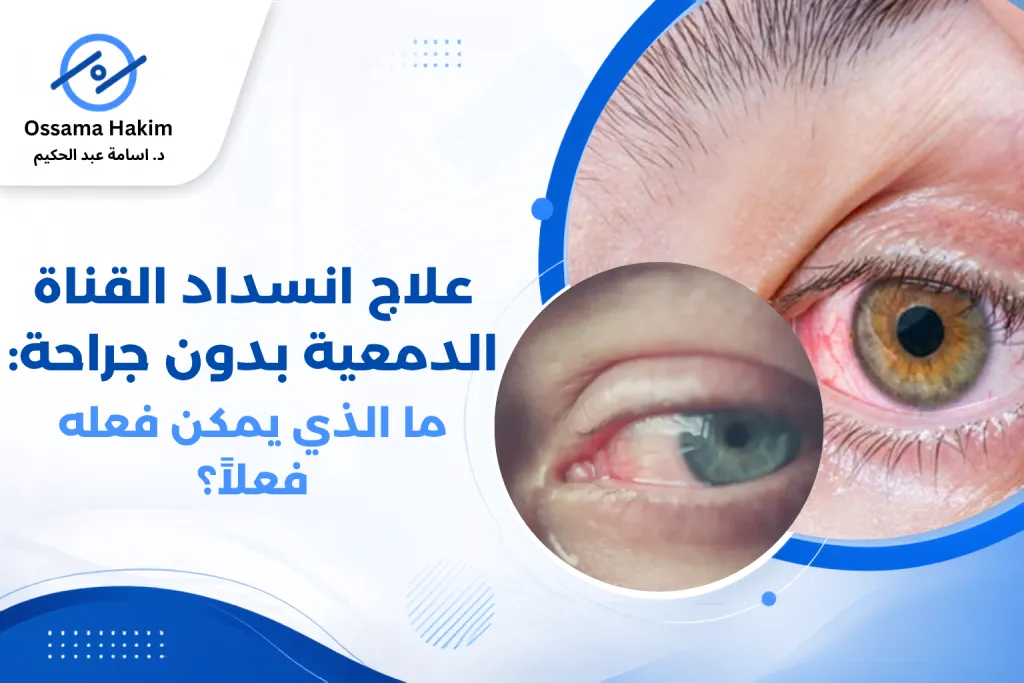 رسم توضيحي للجهاز الدمعي في العين يوضح مسار القناة الدمعية وموقع الانسداد المحتمل